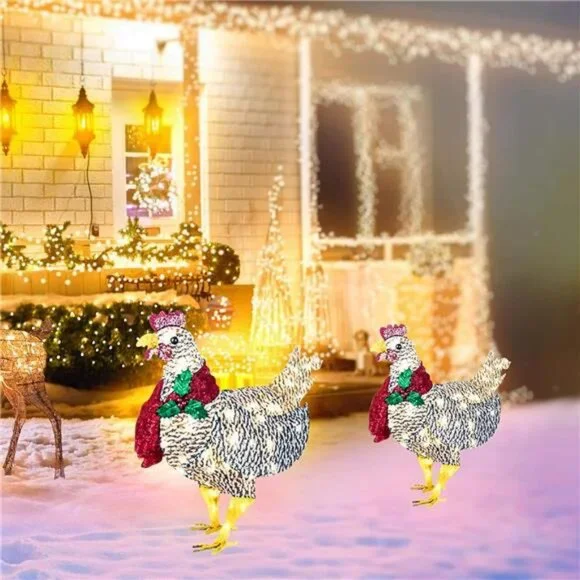 2PCS Light-Up Chicken with Scarf Holiday Decoration, LED Christmas Outdoor Decor